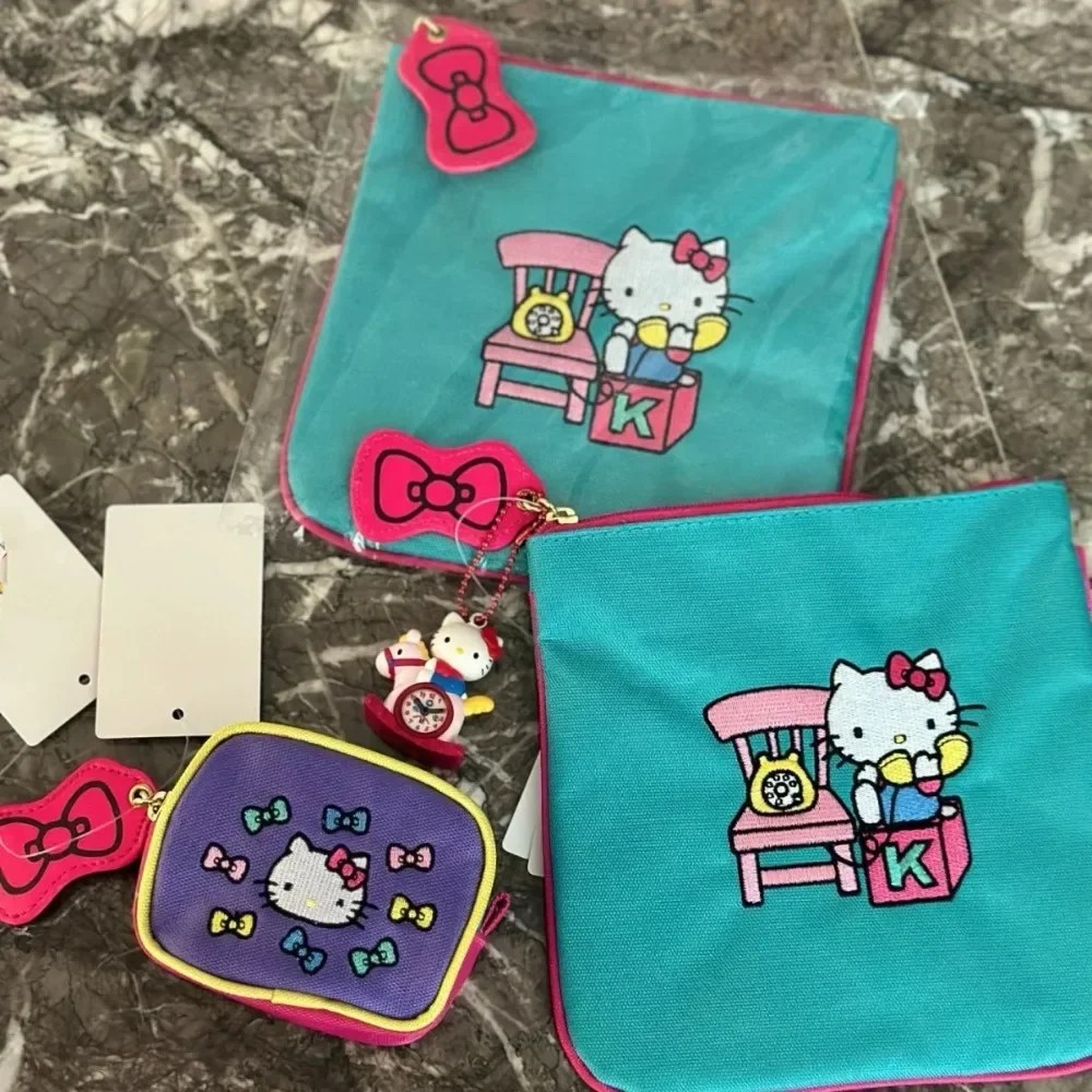 Kawaii Hello Kitty Embroidery Storage Bag Cute Cartoon Large Capacity Document Bag Multifunction Portable Coin Purse Girl