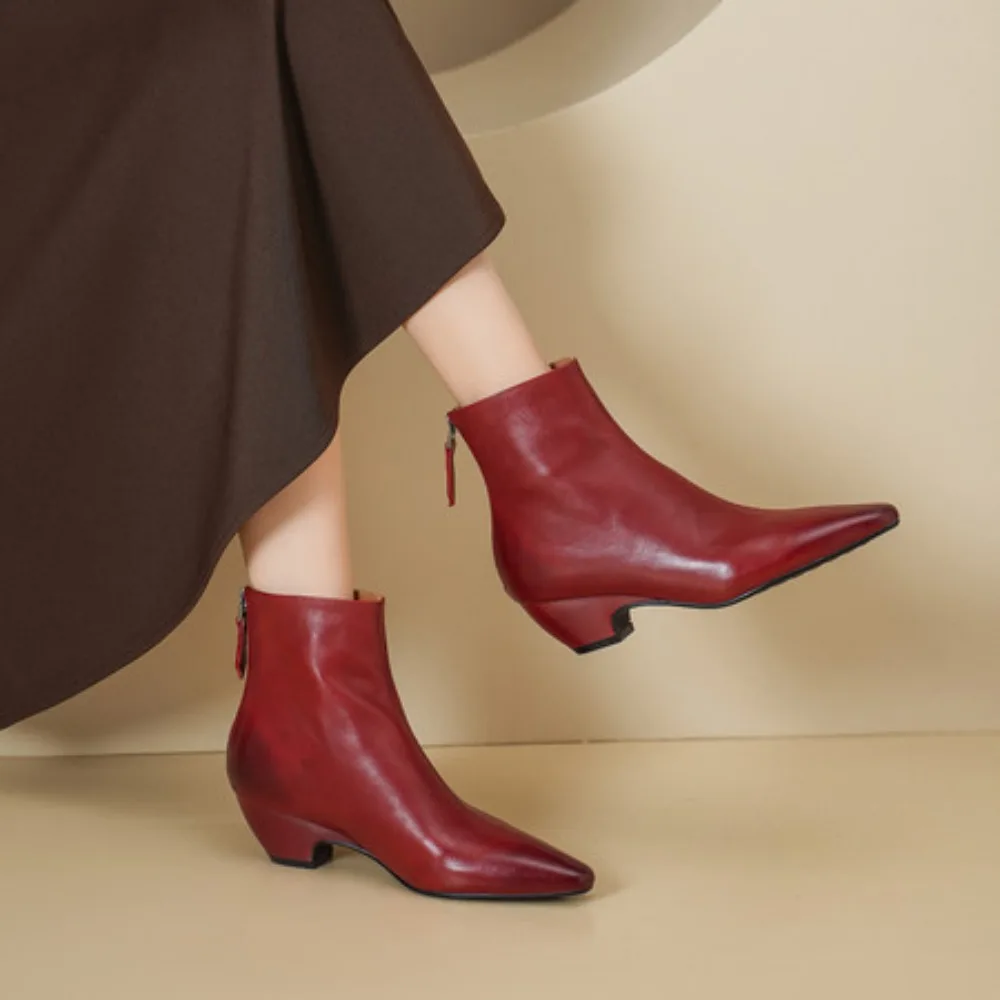 Street Style Vintage Pointed Toe Zipper Women Ankle Boots Genuine Leather Autumn Winter Fashion Square Heel Shoes Botas Mujer - view 5