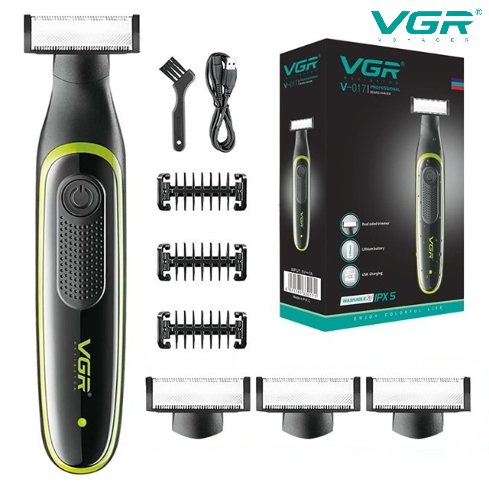 Afeitadora VGR, recortadora de pelo resistente al agua, máquina de afeitar corporal, afeitadora facial, recortadora de barba recargable, Afeitadora eléctrica para hombres V-017