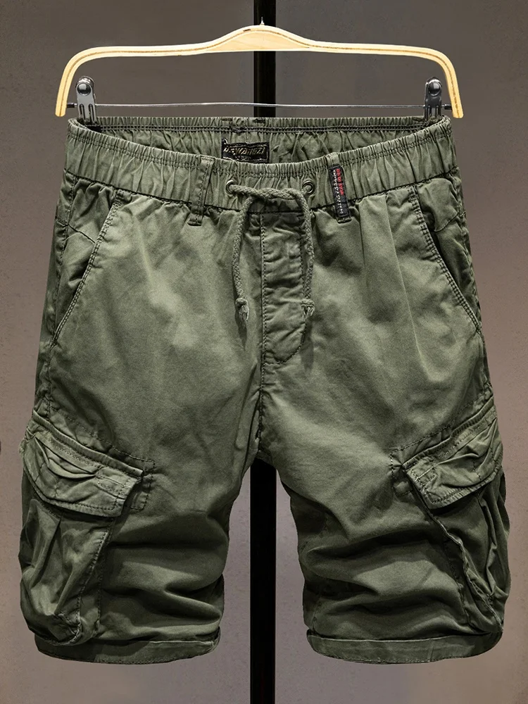 

Мужские летние тонкие повседневные брюки с эластичным поясом, в стиле милитари, рабочие, модные, с завязками и множеством карманов, длиной до колена.