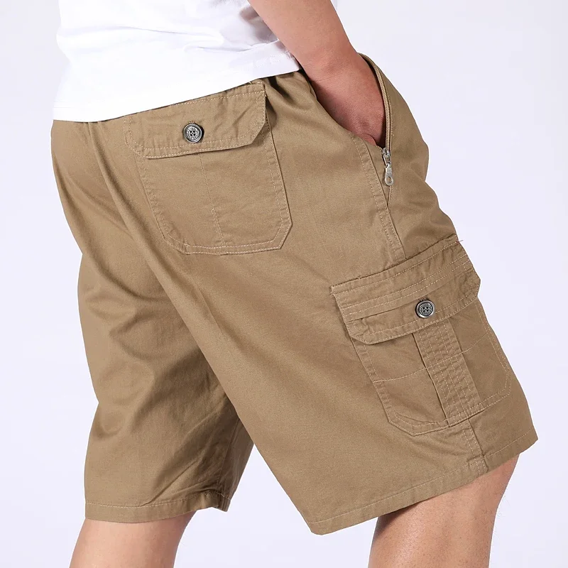 

Легкие мужские шорты-карго цвета хаки с карманами на молнии, летние повседневные хлопковые шорты для уличной моды, дышащие, для фитнеса, длиной до колена