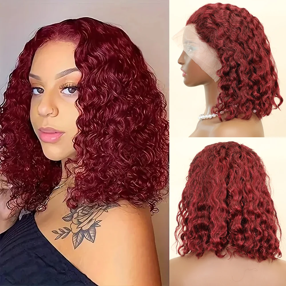 

99J Colored Water Wave Lace Front Wig Burgundy Brazilian Short Bob Wigs 13x4 Lace Frontal Human Hair Wigs For Women Pre Plucked