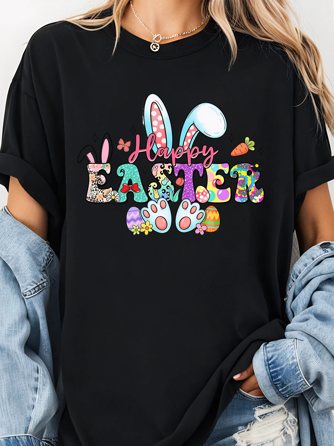 

Easter Bunny Ears And Eggs Print T-Shirt With Floral And Paw Details For Women Casual Spring Outfit
