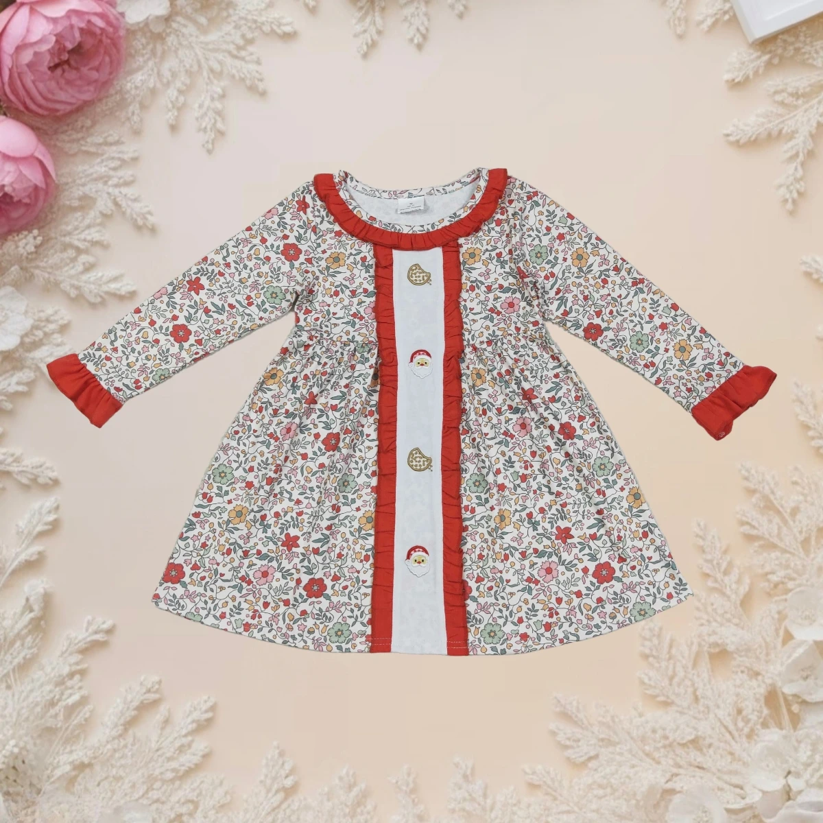

Hot Sale Kids Children Christmas Clothes Infant Toddler Baby Girl Embroidery Santa Cakes Long Sleeves Floral Fall Winter Dress