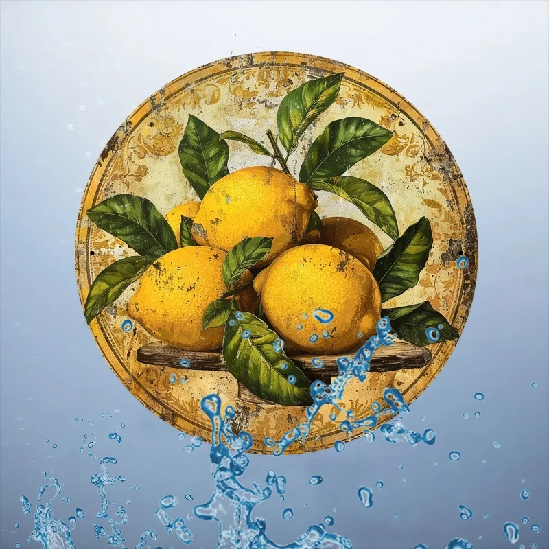 Rustic Lemon Fruit Round Wall Decor - 19.99 Cm Plaque, Vintage Harvest Theme, for Kitchen, Dining Room, Balcony - Charming Count