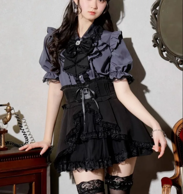 Y2K Lace Ruffle Blouse Women Japanese Kawaii Bow Lolita Shirts Fairy Sweet Cute Harajuku Jk Blusas Summer Grunge Camisas Sweet