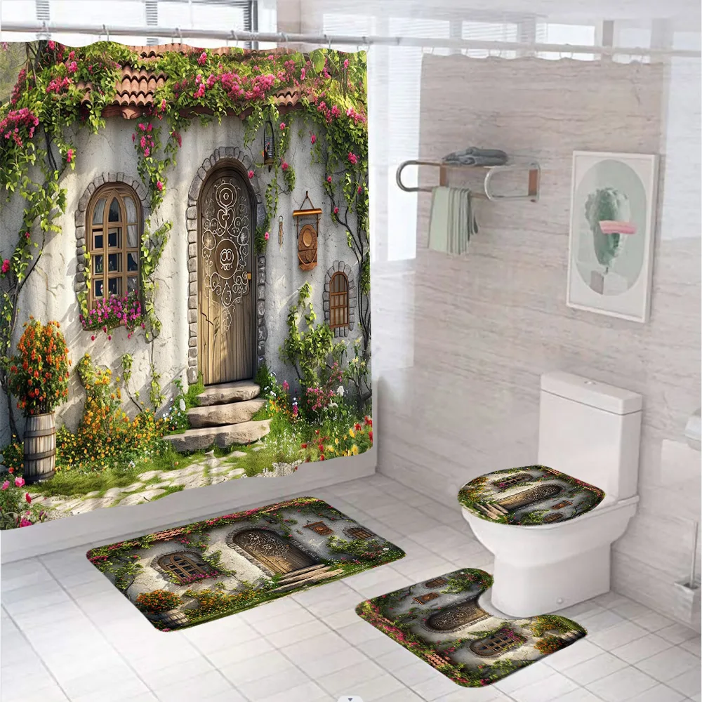 Italian Garden Shower Curtain Set Country Door House Flowers Botanical Floral Scenery Bathroom Decor Rug Toilet Cover Bath Mat