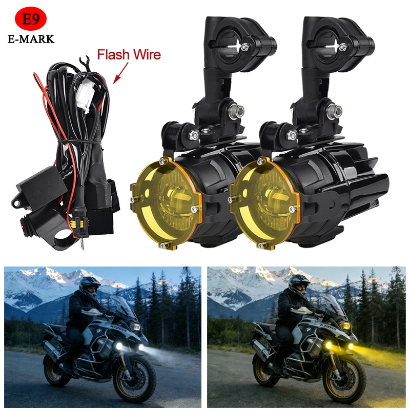 

E9 Motorcycle LED Auxiliary Lights Flash White Yellow Dual Color Waterproof Driving Fog Lamps For BMW R1200GS R1250GS F800GS