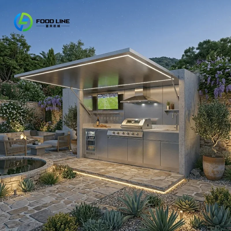 Customized Outdoor Kitchen Pod with Bifold Doors Mildew Proof High Quality Durable SS304 Outdoor Kitchen Shed Wine Cooler