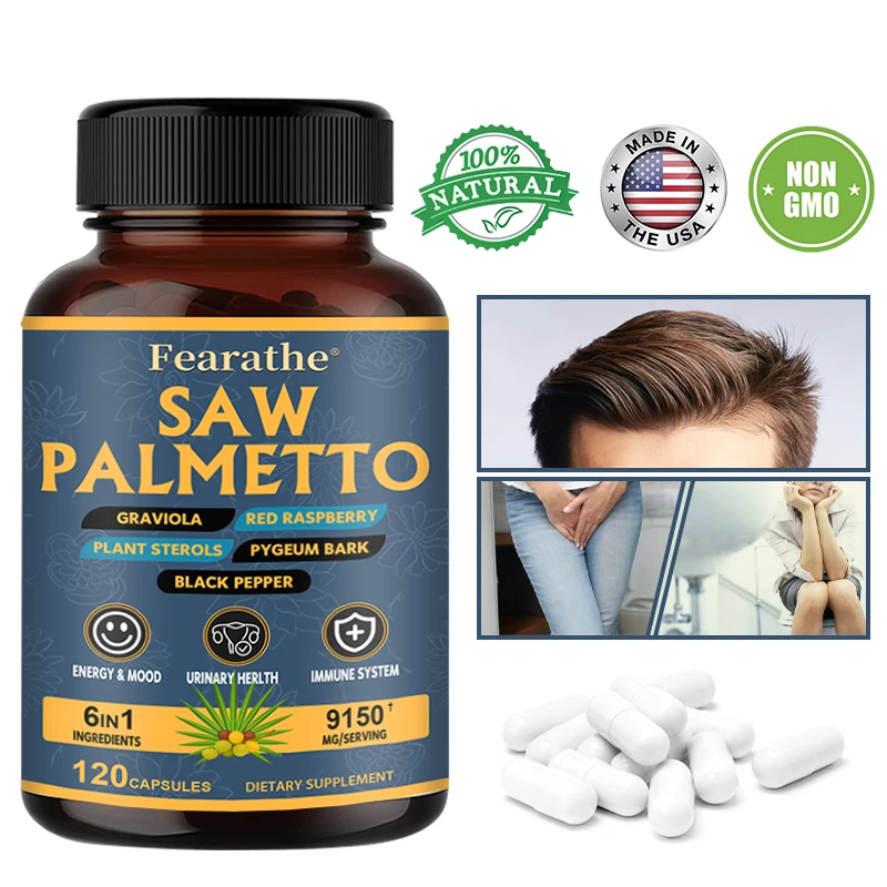 6-in-1 Saw Palmetto Capsules Men\'s Prostate Supplement, Hair & Prostate Health, Improve Urinary Frequency & Urinary Tract Health