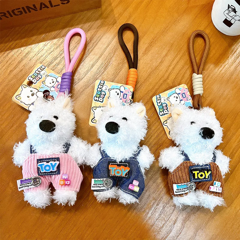 Kawali West Highland Plush Puppy Doll Keychains Pendant Car Decoration Cute Wearing Suspenders Dog Keyring Kids Birthday Gift