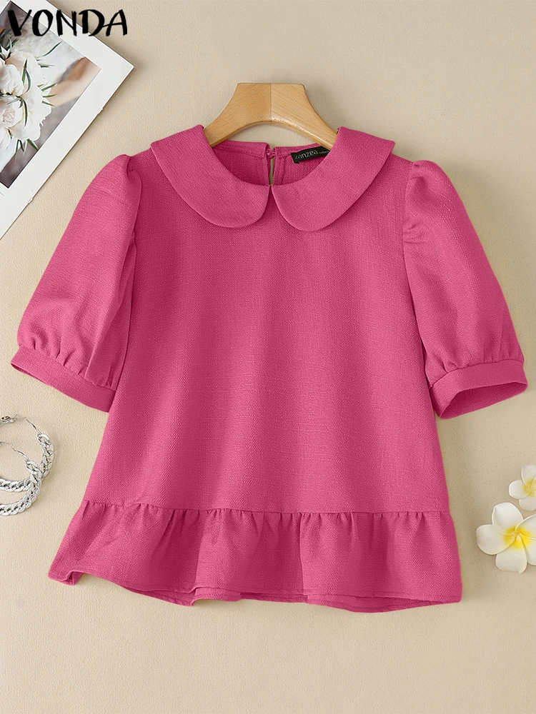 

Fashion Solid Color Blouse Women Tunic Tops Ruffled Shirts VONDA 2025 Summer Short Puff Sleeve Casual Lapel Korean Blusas Female