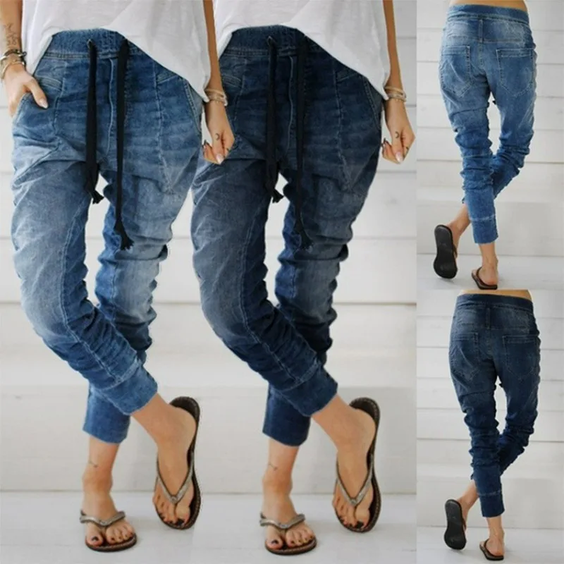 

Spring Summer Women's Jeans Tie Wash Cinched Foot Balloon Denim Pants