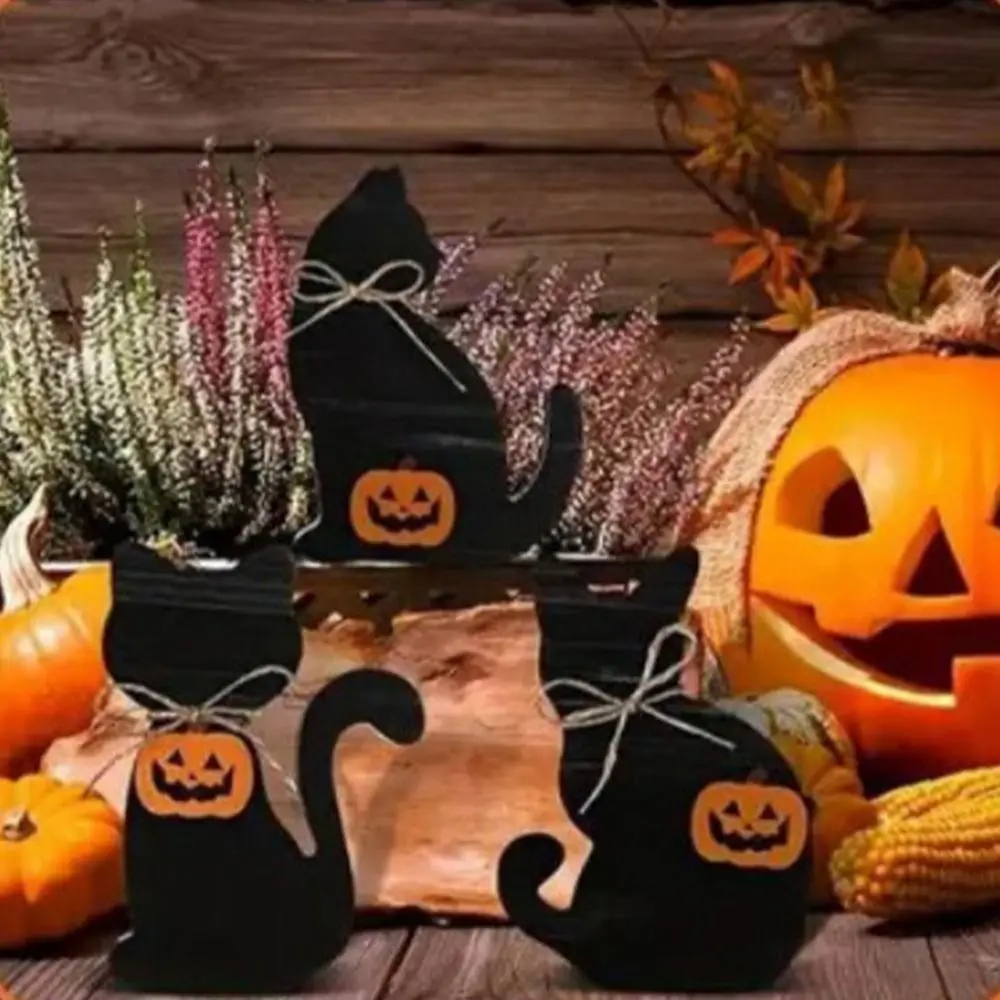 

3pcs Table Centerpiece Decoration Wooden Halloween Black Cat Ornament Vivid Cute Cat Sculpture Decorative Animal Statue Home
