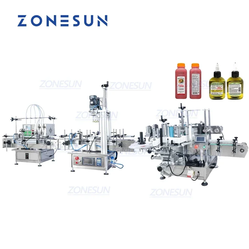 ZONESUN Small Desktop Essential Oil Filling Capping And Double Side Square Bottle Labeling Machine Automatic Production Line