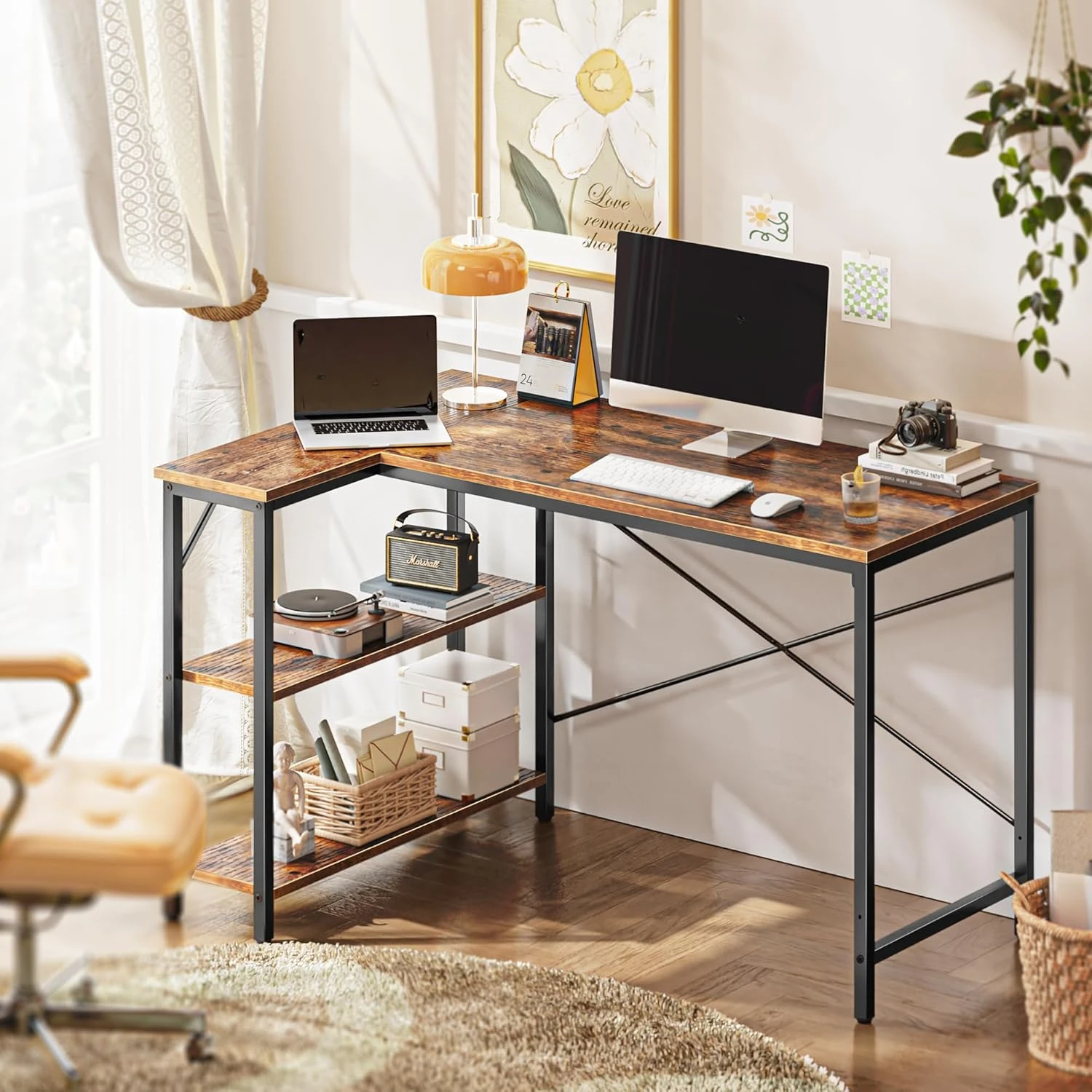 L-shaped computer desk with reversible storage rack, home office gaming corner table, metal frame writing desk