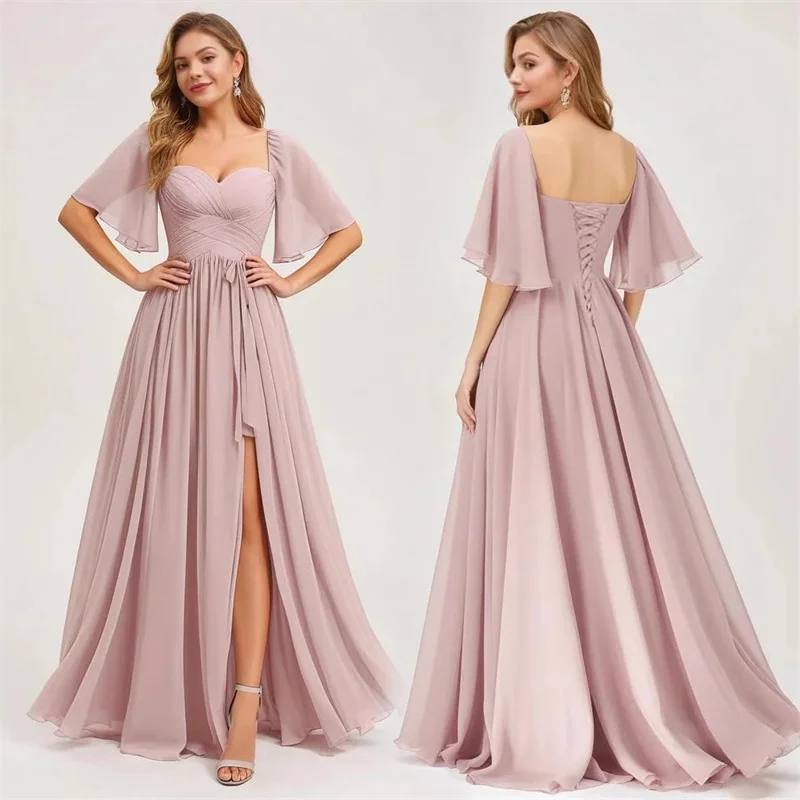 a-line-short-sleeve-chiffon-bridesmaid-dresses-one-shouder-slit-pleat-elegant-wedding-party-formal-prom-evening-lace-up-back