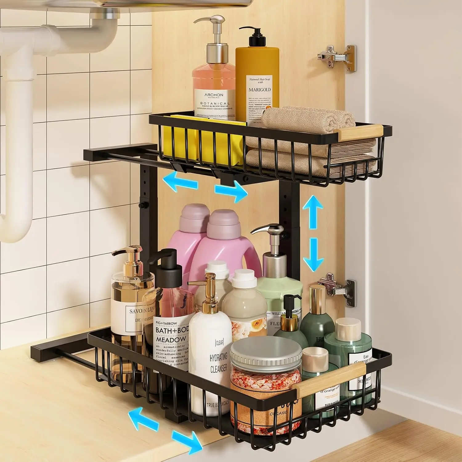 

Under Sink Organizer, Height Adjustable Under Sink Organizers and Storage, 2 Tier Pull Out Drawer Cabinet Storage for Kitchen