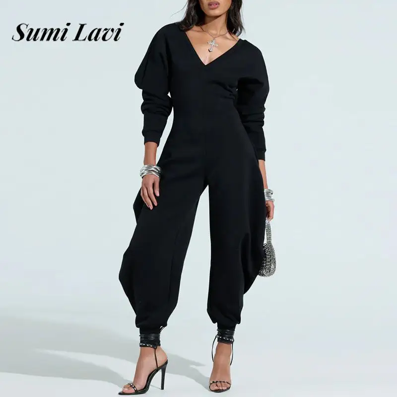 Sexy Deep V-neck Hight Waist Solid Jumpsuits Spring Lady Casual Long Sleeve Long Rompers Summer Elegant Commute Sport Playsuits