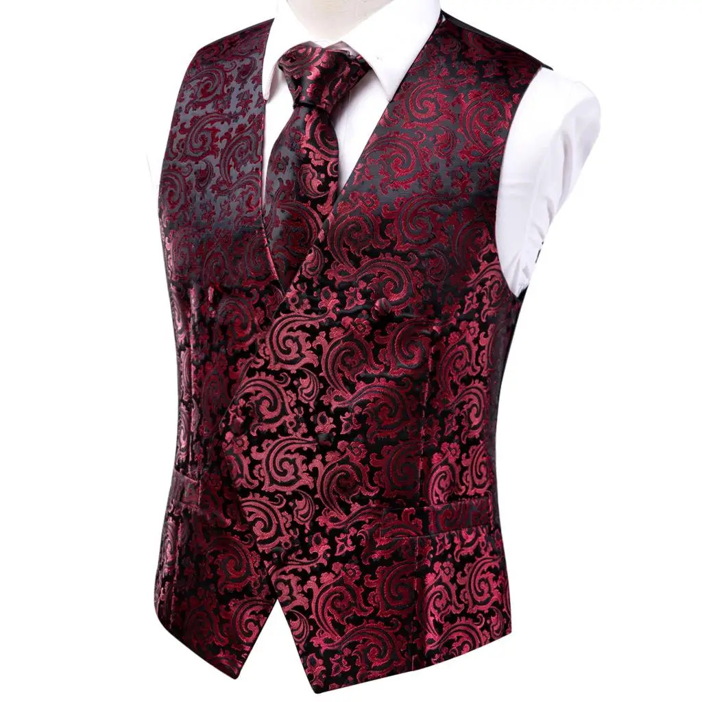 Hi-Tie Red Burgundy Silk Mens Dress Vest Tie Hanky Cufflinks Set Sleeveless Jacqurad Floral Waistcoat Jacket for Male Clothing