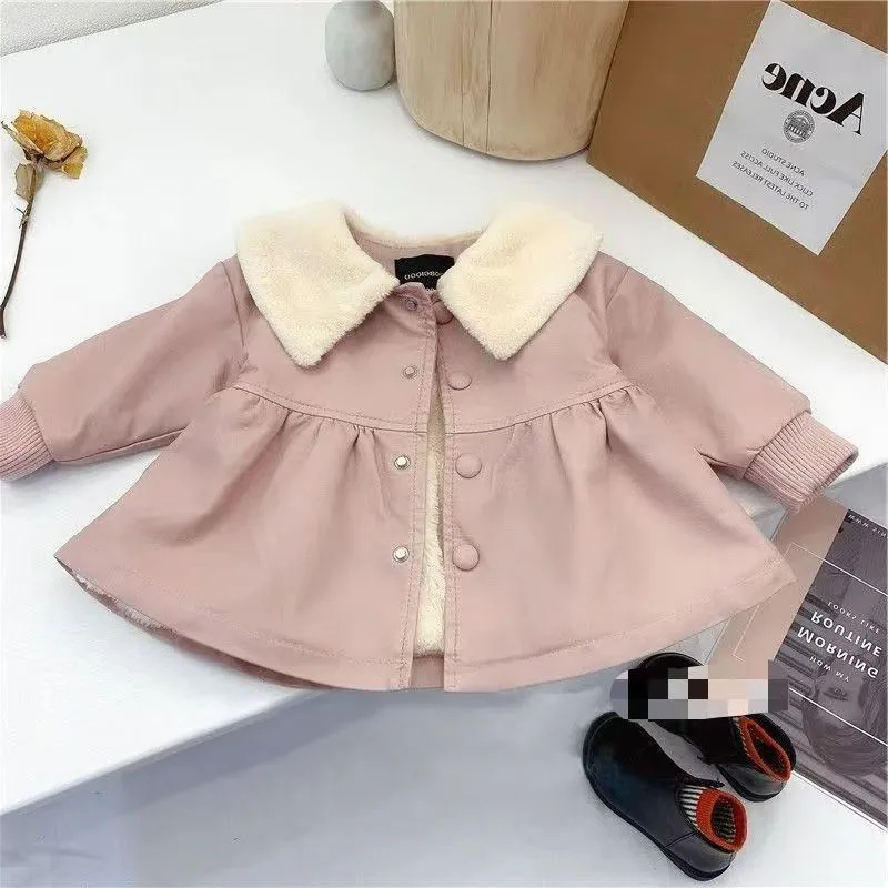 2024 Winter Infant Baby Girl Jacket Turn Down Collar Pu Leather Toddler Girl Coat Solid Long Sleeve Fleece Thicken Kid Girl Coat