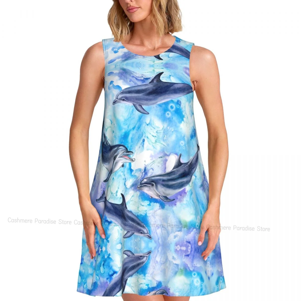 Damesjurk aquarel zeeblauw dolfijnen zomer casual T-shirt jurken strand cover-up tankjurk