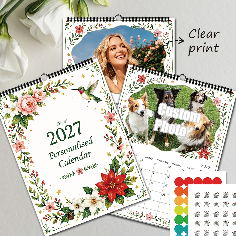 1pc, Custom 2027 Photo Wall Calendar, Hummingbird and Poinsettia Wreath Cover, Monthly Hanging Calendar with 2 Sticker Sheets