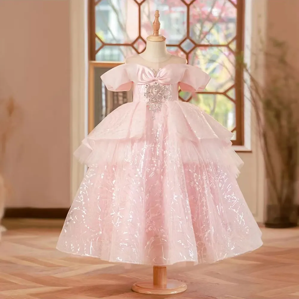 Jill Wish-Vestido rosa árabe elegante, vestido de baile de lantejoulas para crianças, princesa, festa de aniversário, casamento, primeira comunhão, Dubai, 2024, J221