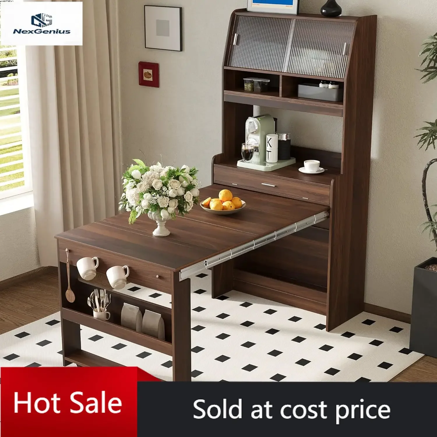 

Space-Saving Buffet Hutch with Foldable Table - 33.5" Multi-Functional Storage Cabinet with Shelves & Hooks for Apartments, Stud