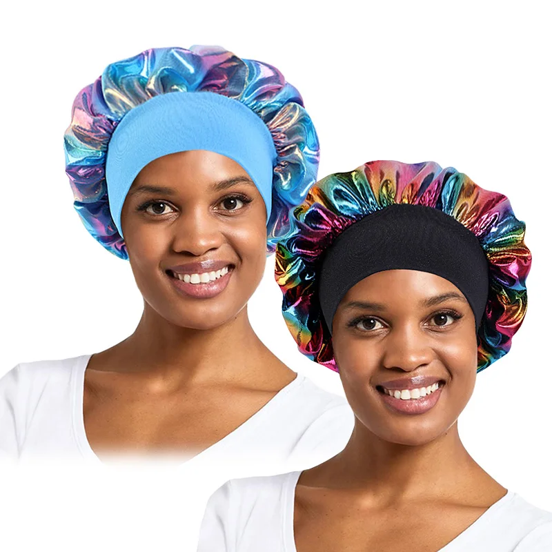 2PCS/LOT Women Laser Wide Elastic Band Sleeping Cap Salon Bonnet Hat Chemotherapy Cap Shower Hat Hair Accessories Wave Caps