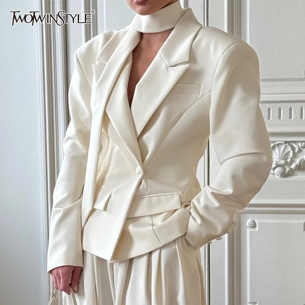 

TWOTWINSTYLE Spliced Ribbon Tunic Blazer for Women Notched Collar Long Sleeve Patchwork Single Button Office Coats Female Autumn