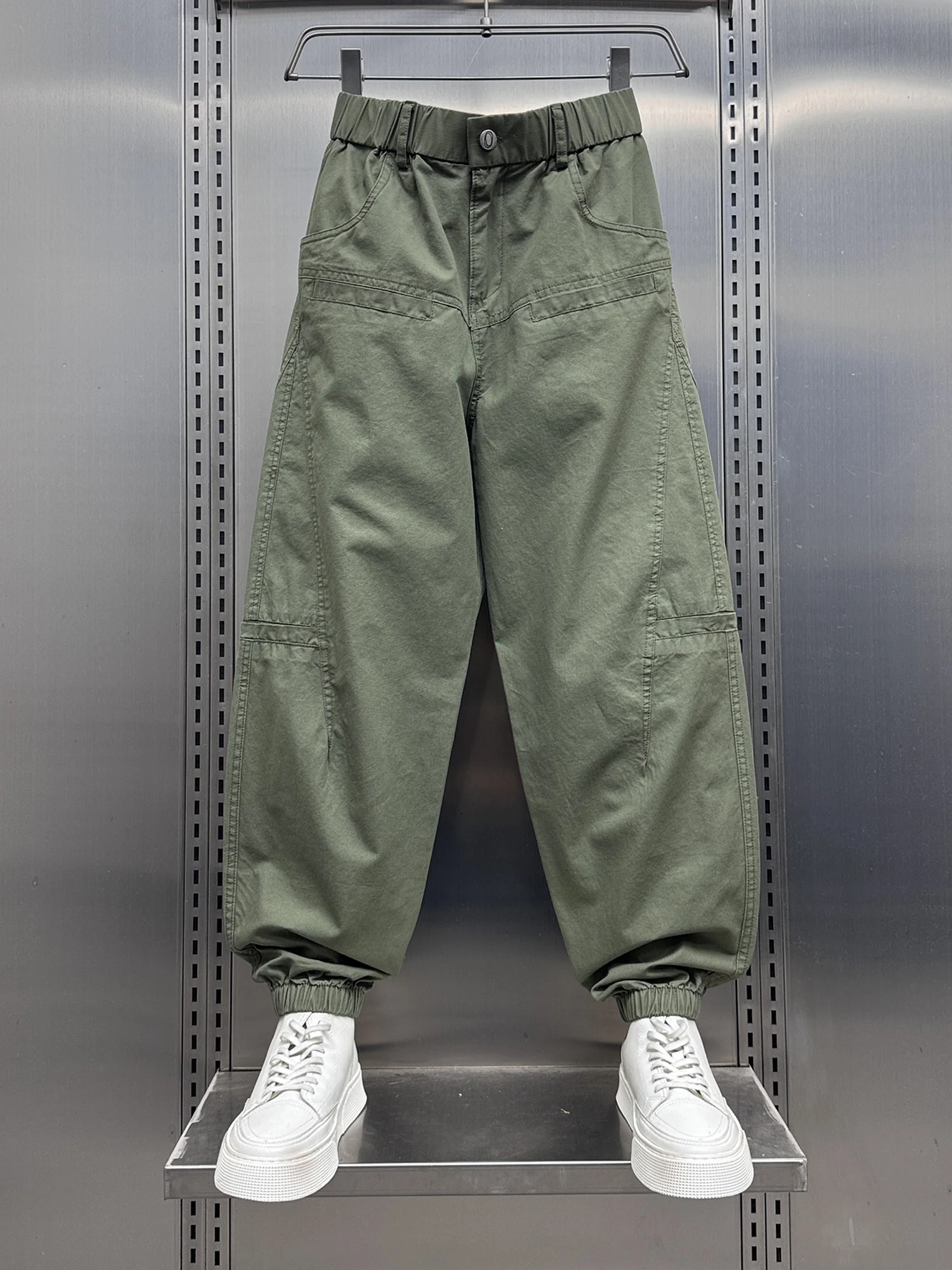 

Youth Casual Pants Men's Summer Workwear Trousers Loose Nine Points Elastic Waist Patchwork Sports Pure Color Loose Fit