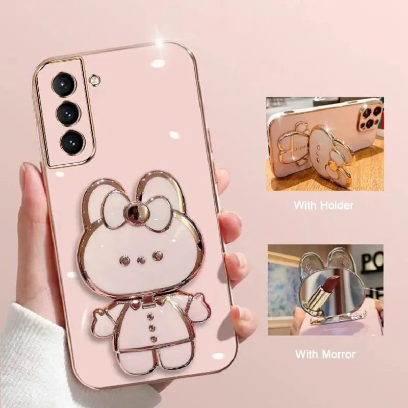 

Makeup Mirror Phone Case For Samsung Galaxy S22 Plus Plating Cartoon Rabbit Folding Bracket Phone Protection Case Cover