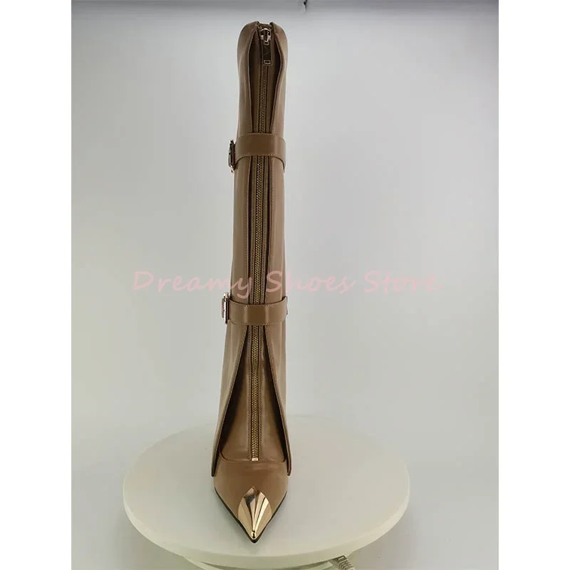 

Brown Metal Decor Front-Zip Belt Buckle Long Boots Women Fold Over Pointed Toe Thin Heel Boots Fashion Summer Shoes New Arrival