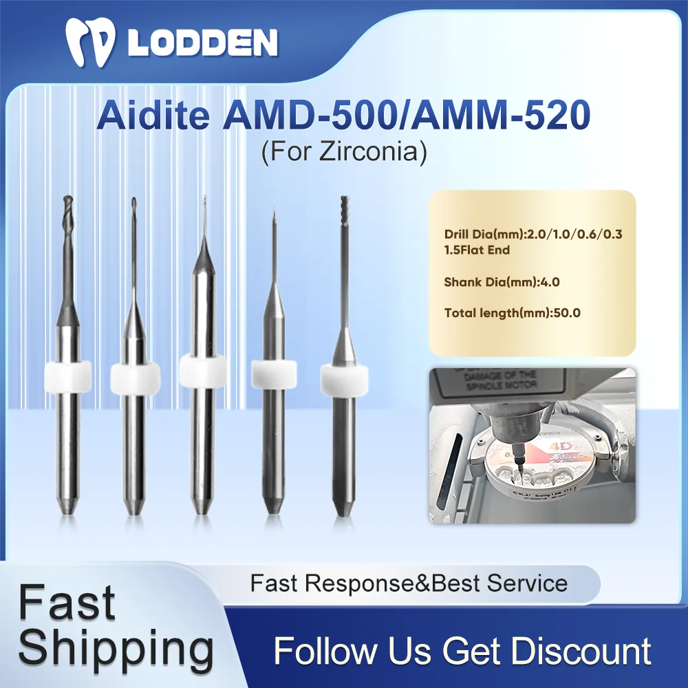 Lodden Dental Milling Burs Aidite AMD-500/AMM-520 DC Coating Zirconia Grinding for CAD CAM Milling Machine D4 Total 50mm