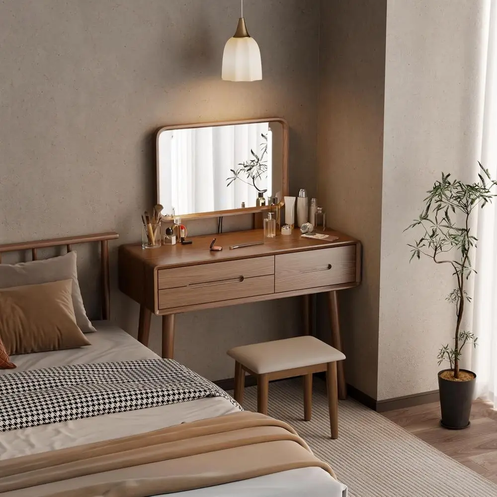 

Solid Wood Vanity Desk with Mirror and Lights,Adjustable Height and Brightn, Makeup Vanity with 3 Ders,Semi-Assembled,Dring Tabl