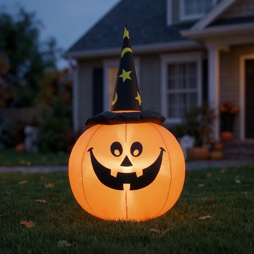 Inflatable Halloween Pumpkin with Witch Hat for Seasonal Porch Setup Built-in Glow Effect 9.8 ft Power Cord US Power Adapter