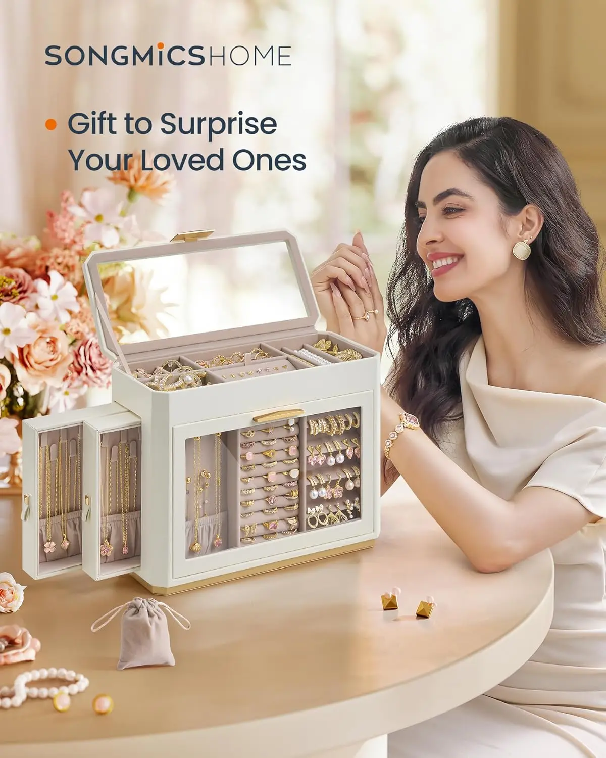 Large Jewelry Organizer with Glass Windows, 4 Drawers, PU Leather, Velvet Lining, Gift Box in Cloud White