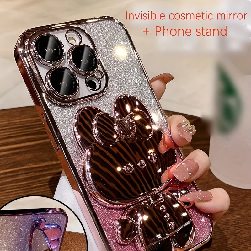 Glitter Gradient Plating Rabbit Mirror With Holder Case For iPhone 16 11 12 13 14 Plus 15 Pro Max Lens Protection Soft TPU Cover