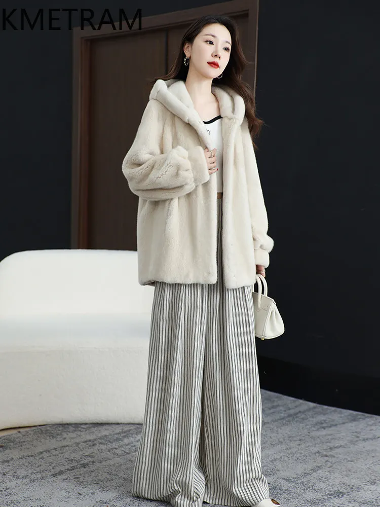 KMETRAM Real Whole Velvet Fur Coat Woman Hooded Mid-Length Coats 75cm Winter Warm Fur Jacket High Quality Women Clothing 2026 자켓
