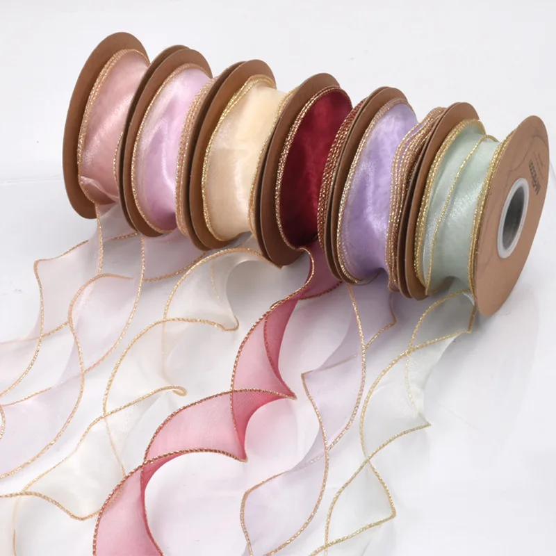 10 YardsFishtail Organza Ribbon Golden Wave Wired Edge Ribbon for Christmas Birthday Wedding Gift Wrapping DIY Bow Bouquet