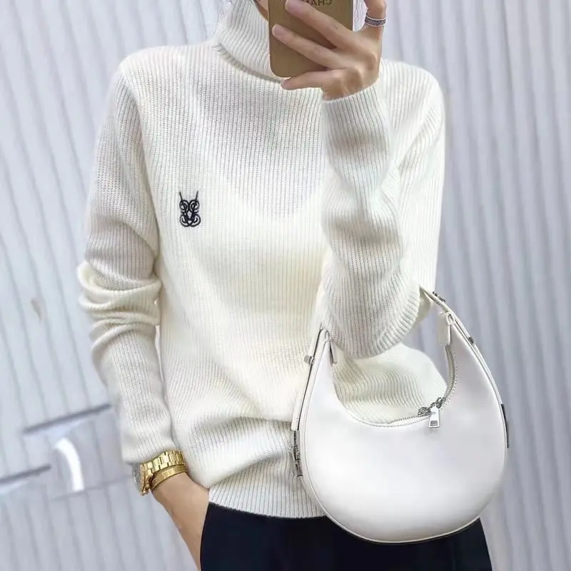 

Зимний женский свитер из 100% шерсти, повседневный однотонный вязаный пуловер, блузка, свободные топы с высоким воротником, толстый теплый джемпер с вышивкой