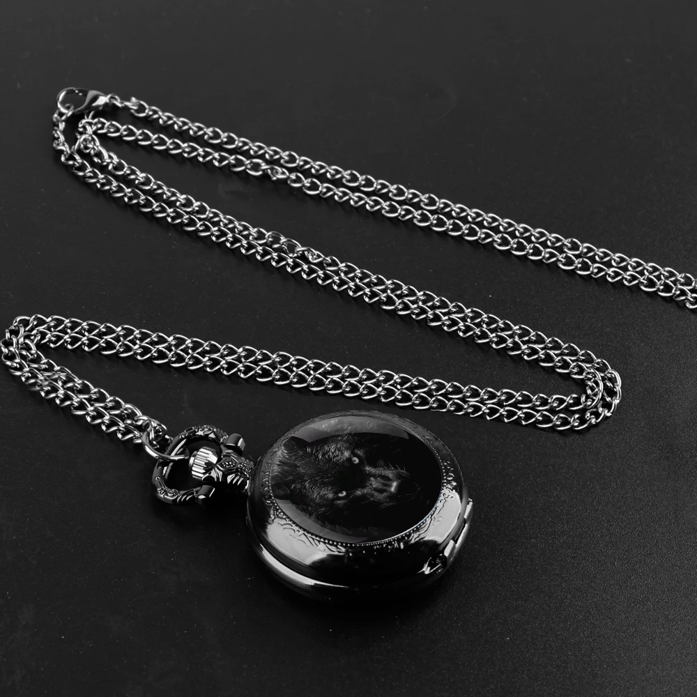 Lobo preto Design Vidro Dome Quartz Relógio de bolso com corrente durável, Numeral árabe Dial, Presentes criativos para homens e mulheres