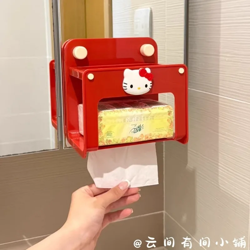 

Sweet Hello Kitty Anime Kawaii Sanrio Storage Tissue Rack Cute Cartoon Bathroom Wall Mounted Household Tissue Case Gifts Toys