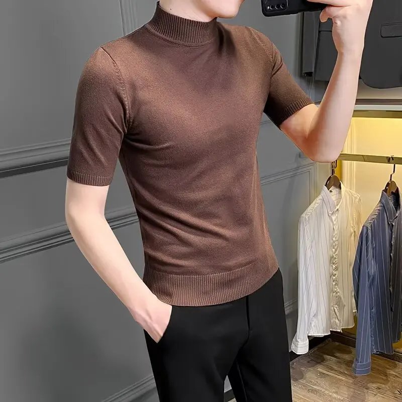 Summer Half Turtleneck Sweater Men'S Solid Color Versatile Slimming Spring Autumn Thin Knitted Half Sleeve Sweater Top