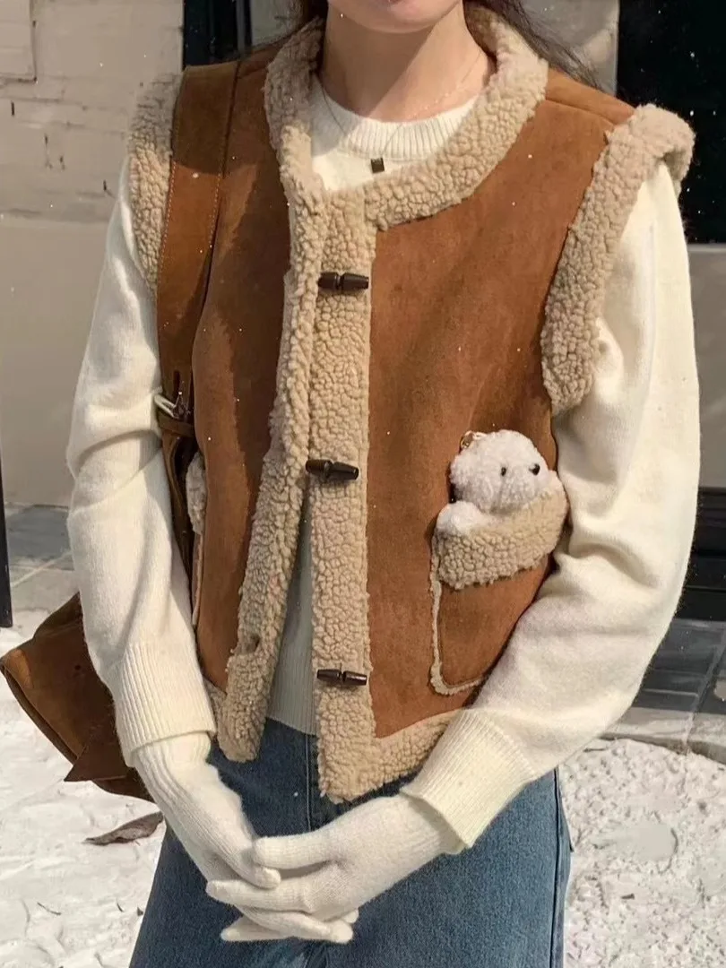 

Korean Sle Lamb Fur Inteated Jaet Women's Autumn Winter Versatile Cute Anti-Aging Button up ort Coat Vest Trendy