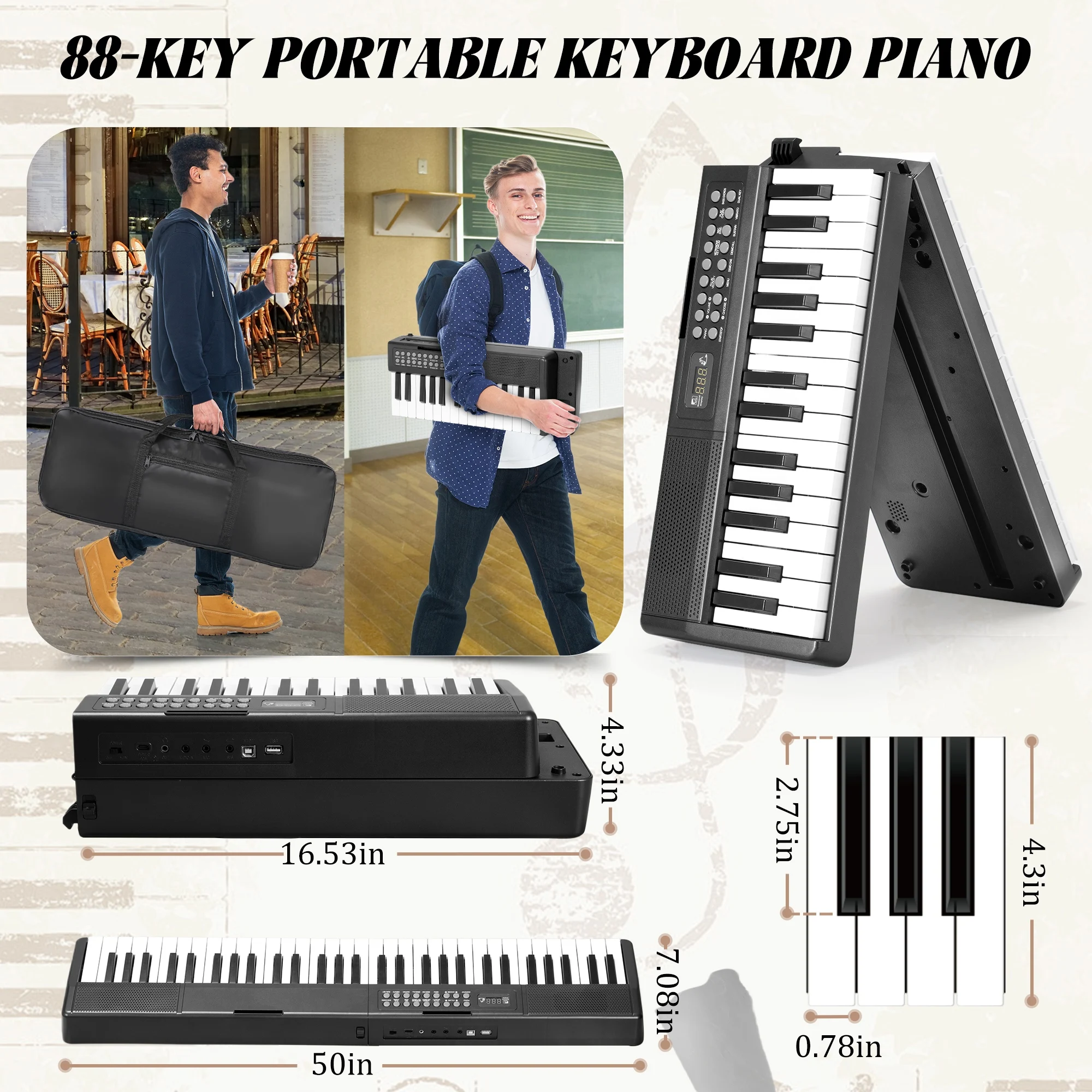 Portable Piano 61 Keys Portable Keyboard Piano 1000 Tones 150 Demo Songs Folding Electronic Keyboard Piano Black Foldable Piano