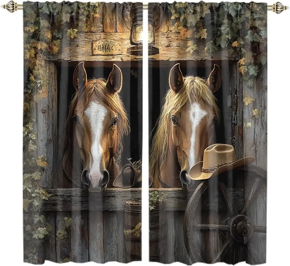 Rustic Western Horse Curtain Polyester Drapes Old West Cowboy Barn Style Window Treatment Saloon Decor Home Accent