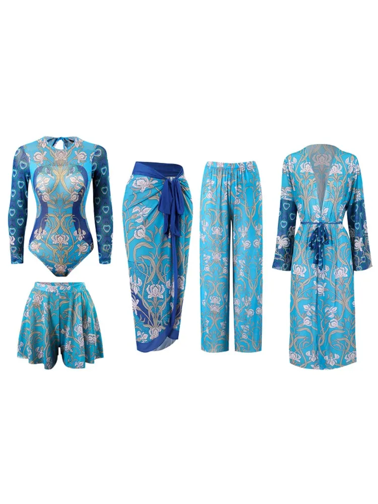 

Комплекты из 5 предметов, сексуальный купальник с высокой талией, женский летний купальный костюм, комплект бикини, купальник с длинными рукавами, пляжный купальный костюм Купальник