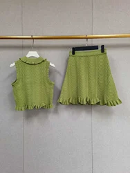 Sleeveless olive green set wave pattern knitted vest vest vest+half skirt French niche new 2024 summe rtwo piece set club